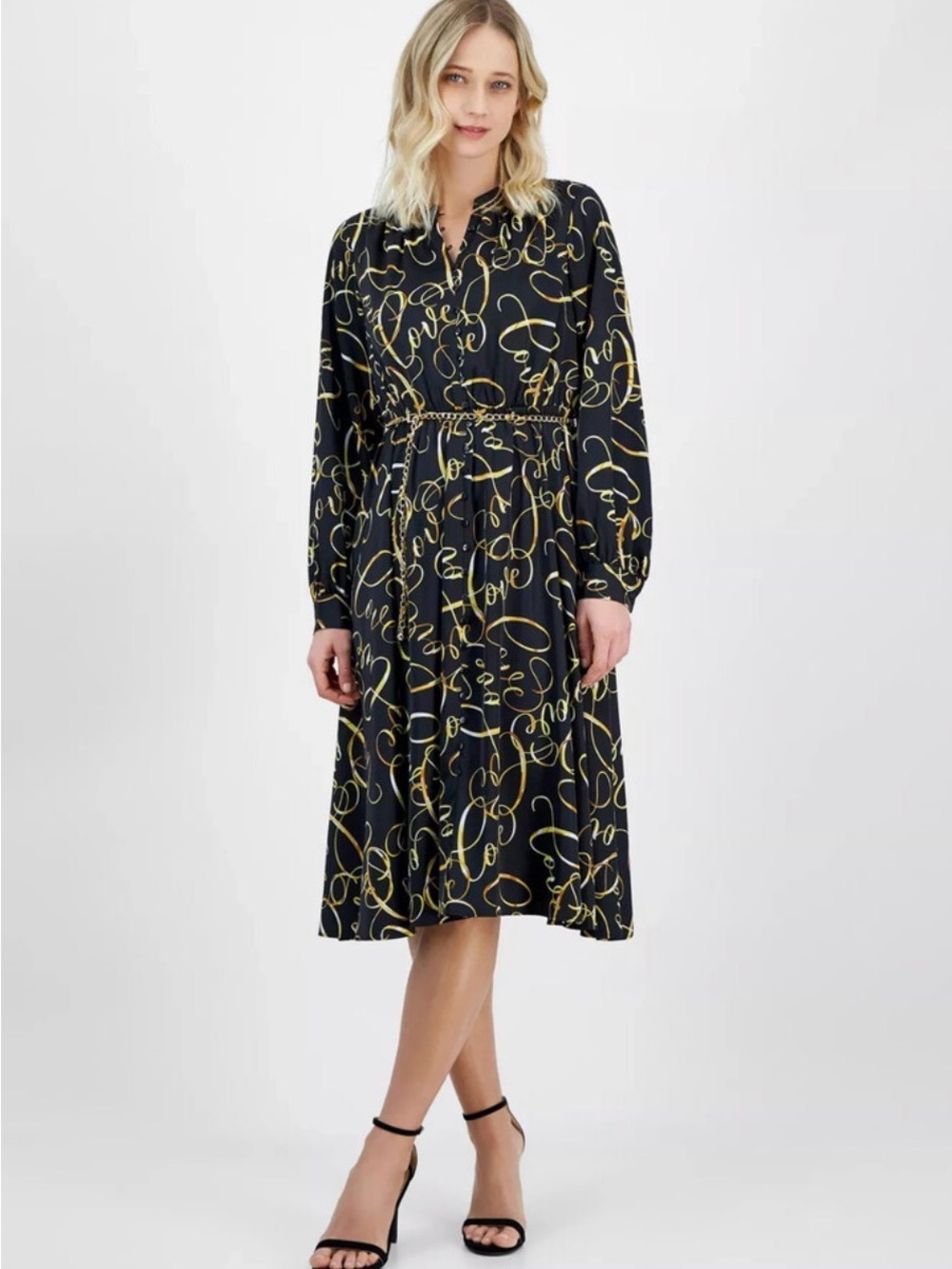 NWOT T Tahari Black Midi Dress Gold “LOVE” Print Chain Belt Lined Classic V neck